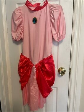 Super Mario Princess Peach Costume Dress & Crown Girls Size M 8-10 Halloween
